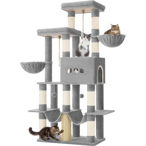 Arbre à Chat, 176 cm, 2 Plateformes Extra-Larges, 2 Grandes Grottes, 9 Poteaux à Griffer en Sisal, 2 Hamacs, Panier pour Chat, Pompons, Convient aux Chats Maine Coon, Gris Clair