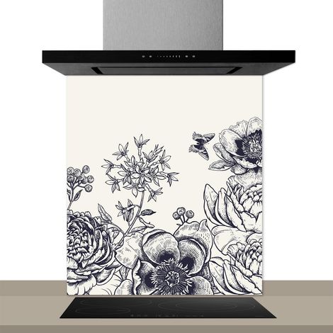 Fond de hotte décorative, croquis fleurs noir et blanc 60x70 Fond de hotte (1/2)
