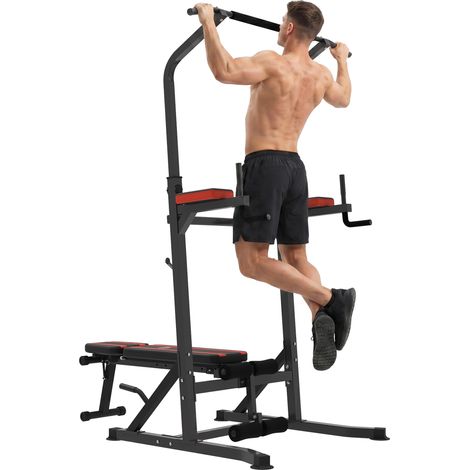 Tour de musculation pliable et multifonctionnelle, réglable sur 7 positions, avec barre de traction, station de dips, station de traction et banc plat en acier, pour salle de sport à domicile, capacit (1/5)