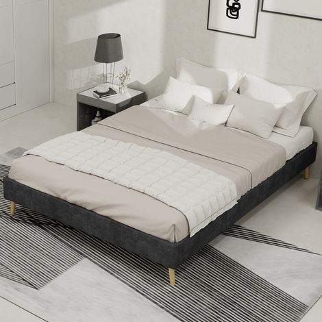 Letto in tessuto grigio e metallo 140x200 cm con schienale regolabile e struttura bassa (1/5)