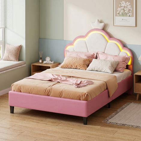 Superaly Lit Capitonnée 90x200 cm pour Enfant, Tête de Lit Rembourrée Réglable en Hauteur, Éclairage LED intégré, Style Scandinave, Lit Simple pour Fille, Sommier à Lattes, Velours, Rose et Blanc (1/5)