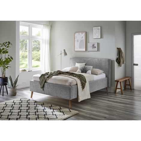 Meise Möbel Polsterbett Riva 140x200 cm Doppelbett Bettgestell Kopfteil mit Keder Webstoff Nebelgrau Holzfuß eichefarbig (1/5)