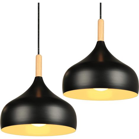 Lot de 2 Suspension Luminaire 24cm Métal Bois Design Rétro E27 Réglable Pour Salon Cuisine Salle à Manger