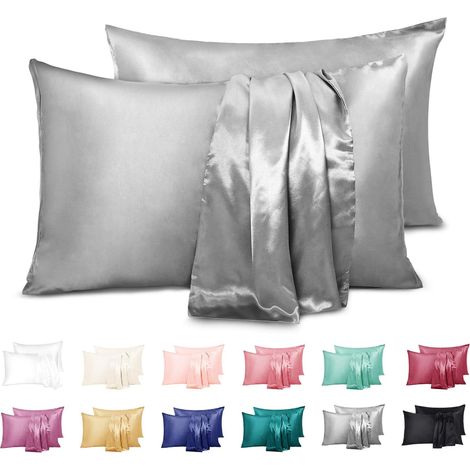 Set of 2 Satin Pillowcases, 100% Microfiber Soft Pillow Cover Takes Care of Your Skin and Anti-Hair Loss, Anti-mite and Hypoallergenic, Grey, 50 x 66 cm