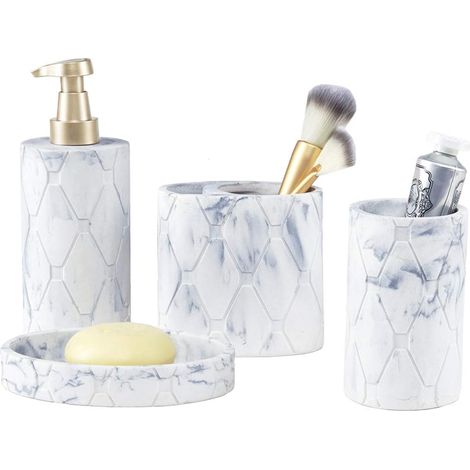 MINKUROW Set Da Bagno 4 Pezzi Accessori Bagno Effetto Marmo Kit Da Bagno Con Dispenser Di Sapone Liquido Bottiglia Portasapone Portaspazzolino Bicchiere Bianco+Oro Rosa+Grigio (1/4)