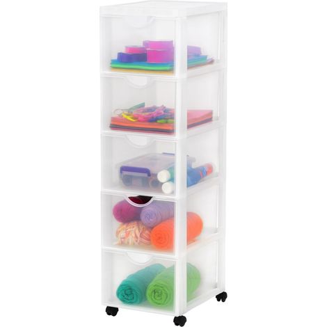 Tour de rangement à Roulettes en Plastique, 5 Grands Tiroirs, Blanc, Ouverture Facile, Meuble de Rangement, Papeterie, pour Chambre, Salle de Bain, École (1/5)