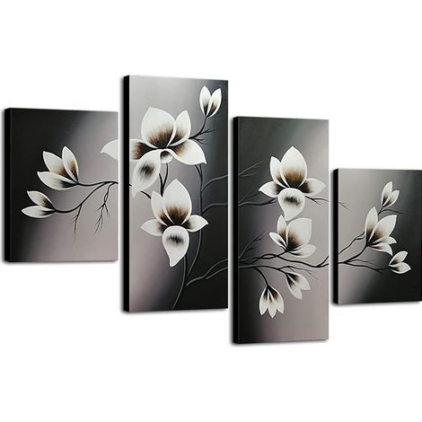 Elegant Blooming Flowers 4 panels Modern 100% Hand Painted Floral Oil Paintings Artwork on Canvas Wall Art Set Ready to Hang for Living Room Bedroom Decor (1/5)