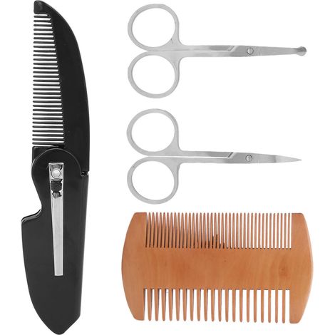 Kit de mise en forme de barbe 4 en 1 pour homme : peigne à barbe, ciseaux à moustache et peigne de coupe pliable (1/5)