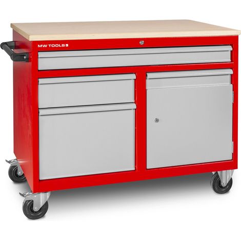 Mw Tools – Établi mobile servante roulante 3 tiroirs 1 armoire – Construction acier robuste – Capacité 80 kg – Roues avec frein – DEW12060L3