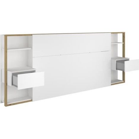 Les Tendances – Tête de lit blanche avec étagères et chevets intégrés – Structure en panneaux de particules – Dimensions L 255 x H 103 x P 36 cm – Adaptée pour lit 140x200 (1/10)