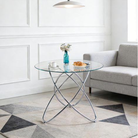Mesa de comedor redonda de cristal templado Ø 80 cm con patas de metal cromado (1/5)