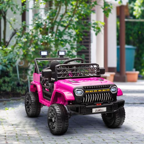 Elektrisches Kinderauto mit 12-V-Akku, Fernbedienung, einstellbarer Geschwindigkeit, USB-Anschluss, Scheinwerfern, Hupe, Pink/Fuchsia