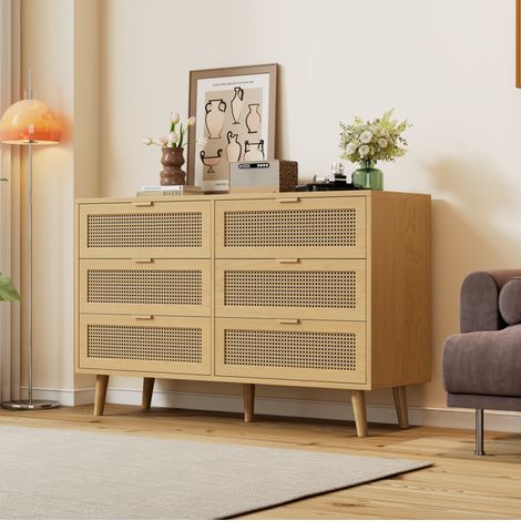 Commode 120x40x76.5 cm chêne en panneaux de particules avec 6 tiroirs style rétro rotin (1/5)