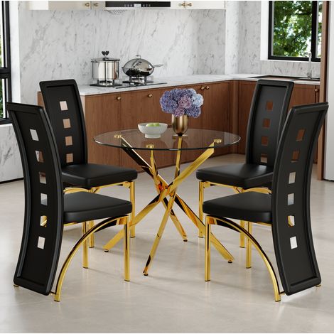 Set tavolo e 4 sedie da pranzo rotondo 88 cm in vetro temperato nero e oro (1/5)
