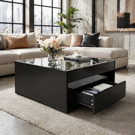 Mesa de centro LED 70x70x35 cm de MDF y vidrio templado negro con almacenaje (1/5)