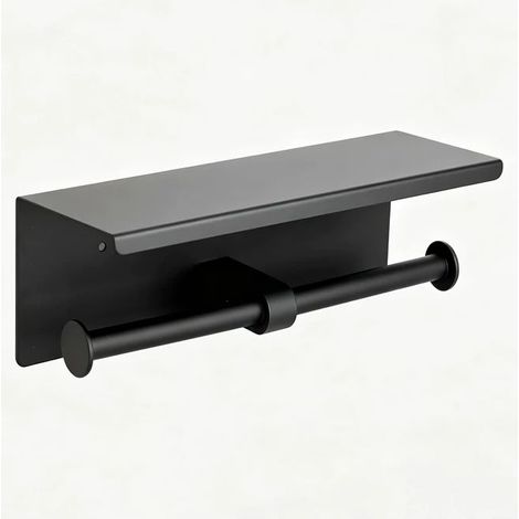 Porte-Papier Toilette Double Noir Acier Inoxydable avec Étagère, Support Mural Adhésif ou à Visser pour Salle de Bain (1/5)