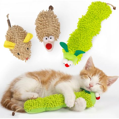 Jouets pour Chats, Lot de 3 Jouets interactifs en Peluche pour Chatons d'intérieur, Jouet à mâcher pour Nettoyer Les Dents, Chenille, Souris et hérisson en Peluche résistants aux morsures (1/5)