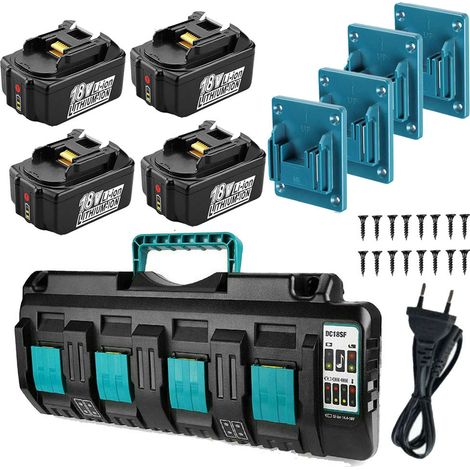 Powerwings – Pack de 4 batteries lithium 18V 5,0Ah avec chargeur quadruple – Compatible Makita BL1860B BL1850B DMR100 DMR108 – Pendentif d'outil offert