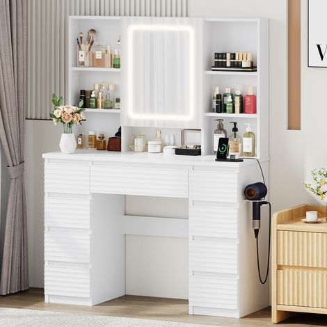 Coiffeuse Blanche Moderne avec Miroir LED 3 Modes d’Éclairage, 7 Tiroirs de Rangement, Support Caché pour Colliers, Ports USB/Type-C et Étagères Réglables (Blanc) (1/5)