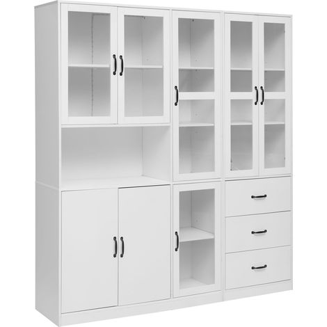 Vetrina combinata bianca LED in truciolato e vetro 180 x 40 x 200 cm, 8 porte, 3 cassetti (1/5)