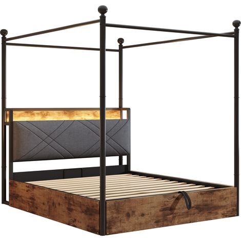 Lit coffre double 140x190 cm à baldaquin amovible métal et bois LED USB Type-C Noir (1/5)