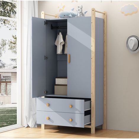 Armoire 2 portes avec penderie et 2 tiroirs, 89,6 x 44 x 180,5 cm, bleu et bois HAVRYA (1/5)