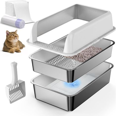 Stainless Steel Closed Litter Tray with Lid, XL Pine Pellet Sieve, Metal Litter System with High Sides for Big Cats, Leak-Proof, Easy Cleaning, Less Tracking (1/5)