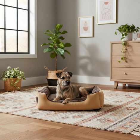 belviona Hundebett mit kuscheligem Wendekissen, pflegeleicht & rutschfest, gemütlicher Schlafplatz, 60x48 cm, beige/braun (1/5)