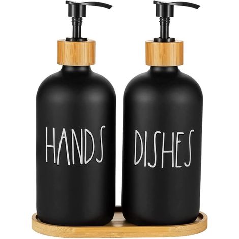 Glass Soap Dispenser Set of 2, Glass Soap Dispenser Bottle with Pump, 16 Oz Refillable Liquid Hand Jar Dispenser for Bathroom, Countertop, Kitchen, Laundry Room (Black) (1/4)