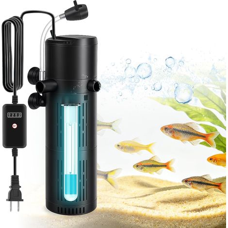 Filtre d'aquarium avec stérilisateur UV 6 W, 500 l/h, filtre intérieur 4 en 1, pompe à eau, ventilation et formation d'ondes, silencieux, filtre d'aquarium avec minuterie pour aquarium de 30 (1/5)