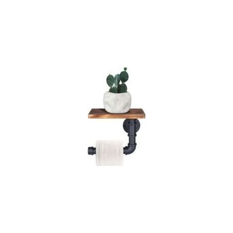 Porte-papier toilette avec étagère murale décorative, style industriel, tuyau en acier avec étagère en bois Crezuo (1/4)