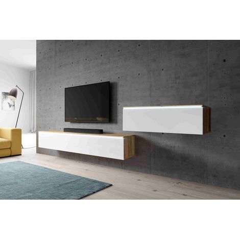 Meuble TV BARGO III 300 cm – Lowboard blanc brillant – 6 étagères avec porte 'push-click' – Dimensions 300 x 34 x 32 cm – Furnix