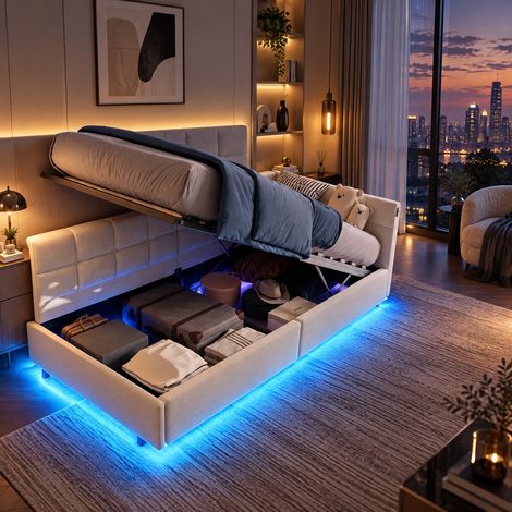 JOOKGBD–Divano Letto Imbottito 90x200 cm,Letto a Contenitore,Contenitore Idraulico,Illuminazione LED,Porta USB,Type-C,Rete a Doghe,Letto per Bambini,Velluto,Beige (1/5)
