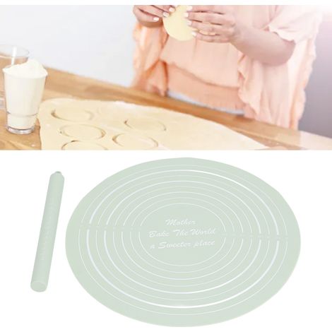Rouleau à pâtisserie + tapis de farine - Ensemble de 2 pièces avec graduations, rouleau à pâtisserie antiadhésif en silicone entièrement fermé, outil pour pâte à raviolis, vert. (1/5)
