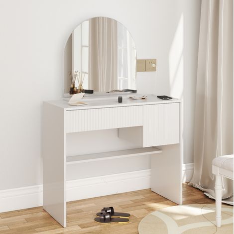 Schminktisch 90x40x135 cm Weiß MDF mit Spiegel, 2 Schubladen und offenen Regalen (1/5)