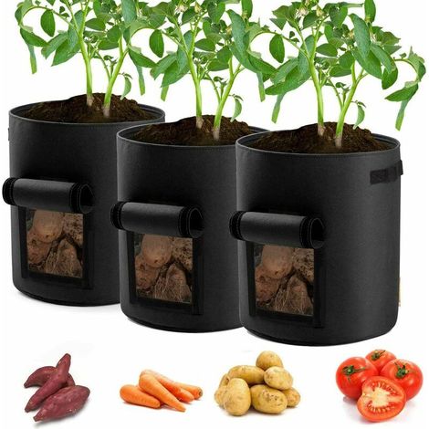 MINE Sac à planter Lot de 3 sacs de jardinière de pommes de terre noires 10 gallons Sacs de culture Aération Pots de tomates avec rabat et poignées - Le noir thsinde (1/5)