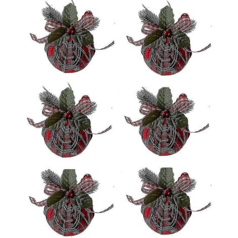 Lot de 6 boules de Noël rouges à motif tartan, ornées d'un nœud et de feuilles vertes - Décoration (1/5)