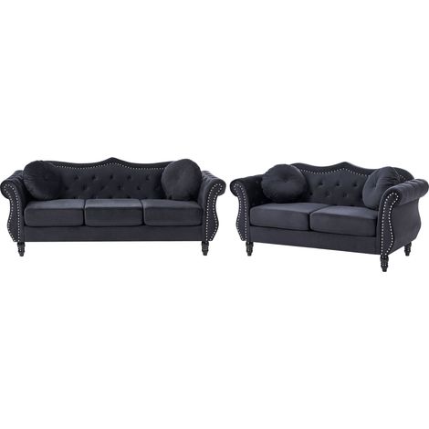 Ensemble 2 Canapés Type Chesterfield 3 Places en Velours Noir avec Dossiers Capitonnés pour Salon au Style Vintage et Glamour Beliani (1/5)