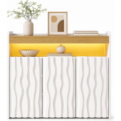 CHICFURN Aparador con LED, 3 puertas y estantes ajustables, diseño ondulado 3D, baldas y compartimento abierto, mueble auxiliar blanco y madera clara para salón, comedor o recibidor (1/5)
