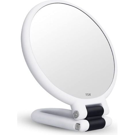 15x Magnifying Double-Sided Folding Mirror with Handle – High-Quality Optical Glass – For Makeup and Hairstyling – Silver (1/5)