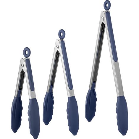 Pince Cuisine Lot de 3 Pinces Barbecue en 18/8 Acier Inoxydable Ustensiles Cuisine avec Poignée Silicone Résistante à La Chaleur 315℃ Pince Buffet Anti-adhé, sans BPA (Bleu nuit) (1/5)