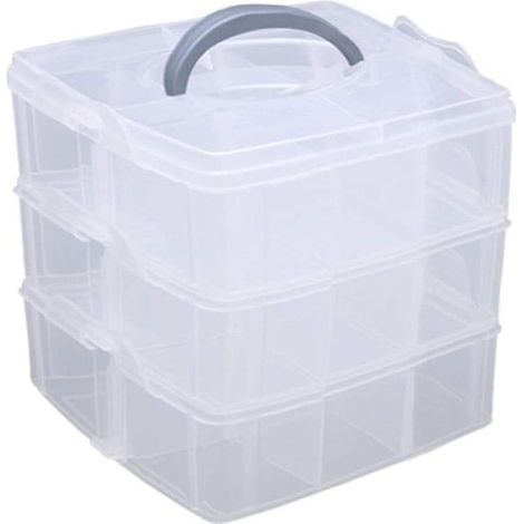 Boîte de rangement en plastique transparent empilable à 3 niveaux avec poignée, capacité maximale de 18 compartiments (1/5)