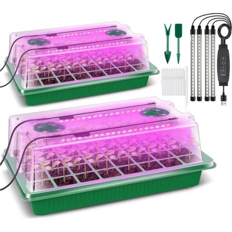 Mini Serre pour Plantes avec Lumière de Croissance, 2 Pièces Mini Serre pour Semis avec Dôme D'humidité, Serre Interieur avec Minuterie Intelligente, 6 Modes, 3 Minutages, Bac à Semis