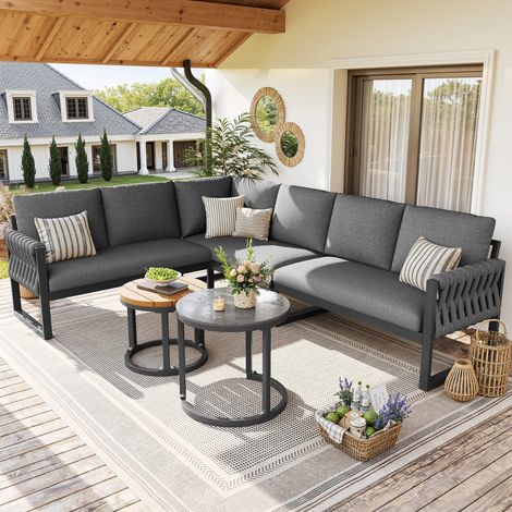Salon de jardin 6 places modulable,Canapé d'angle Extérieur Jardin Coussin imperméable amovible Pied réglable,Gris (1/5)