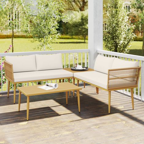 Ensemble de salon de jardin en rotin PE avec deux canapés deux places avec coussins et deux tables basses. Couleur bois.