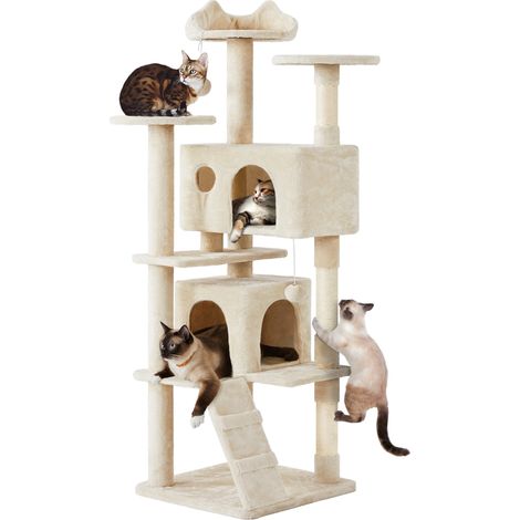 Homevive Árbol Rascador para Gatos Altura 178 cm Torre para Gatos Multinivel con 3 Plataformas 2 Cueva para 3-4 Gatos Beige