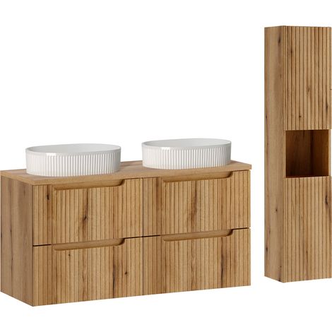 Ensemble meuble double vasque 120cm 4 tiroirs et colonne Riva Bois (1/5)