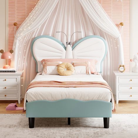 Letto singolo 90x200 cm, letto per bambini, con testiera a farfalla, luci LED che cambiano colore, PU, rete a doghe, letto principessa, letto imbottito - Blu
