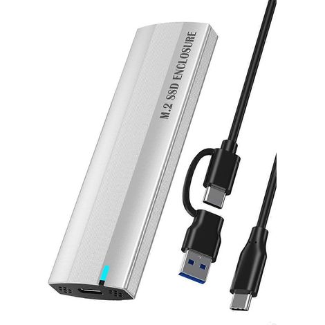 Boîtier pour disque dur M.2 NGFF double protocole Type-C, boîtier pour disque dur mobile SATA SSD vers USB, argent (1/5)