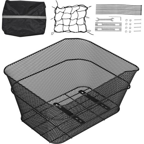 Fahrradkorb hinten aus schwarzem Metallgitter mit Gepäcknetz und wasserdichter Abdeckung, bis 22 kg belastbar, 39 x 31 x 21 cm (1/5)